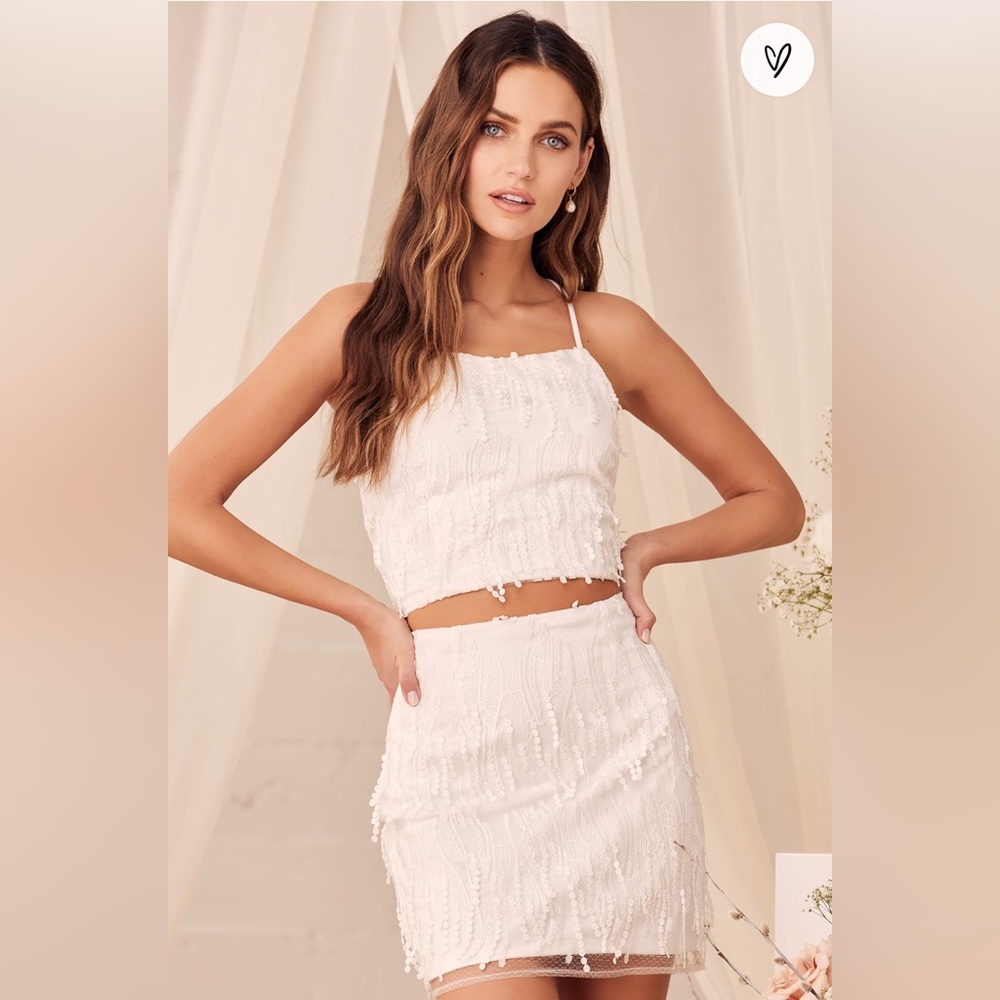 Lulu’s Dancing in a Dream White Fringe Lace-Up Two-Piece Mini Dress Size S